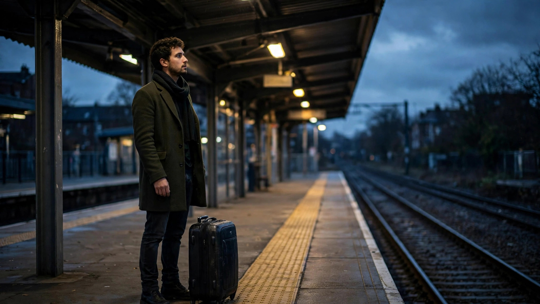 Person waiting on a train platform at dusk with suitcase