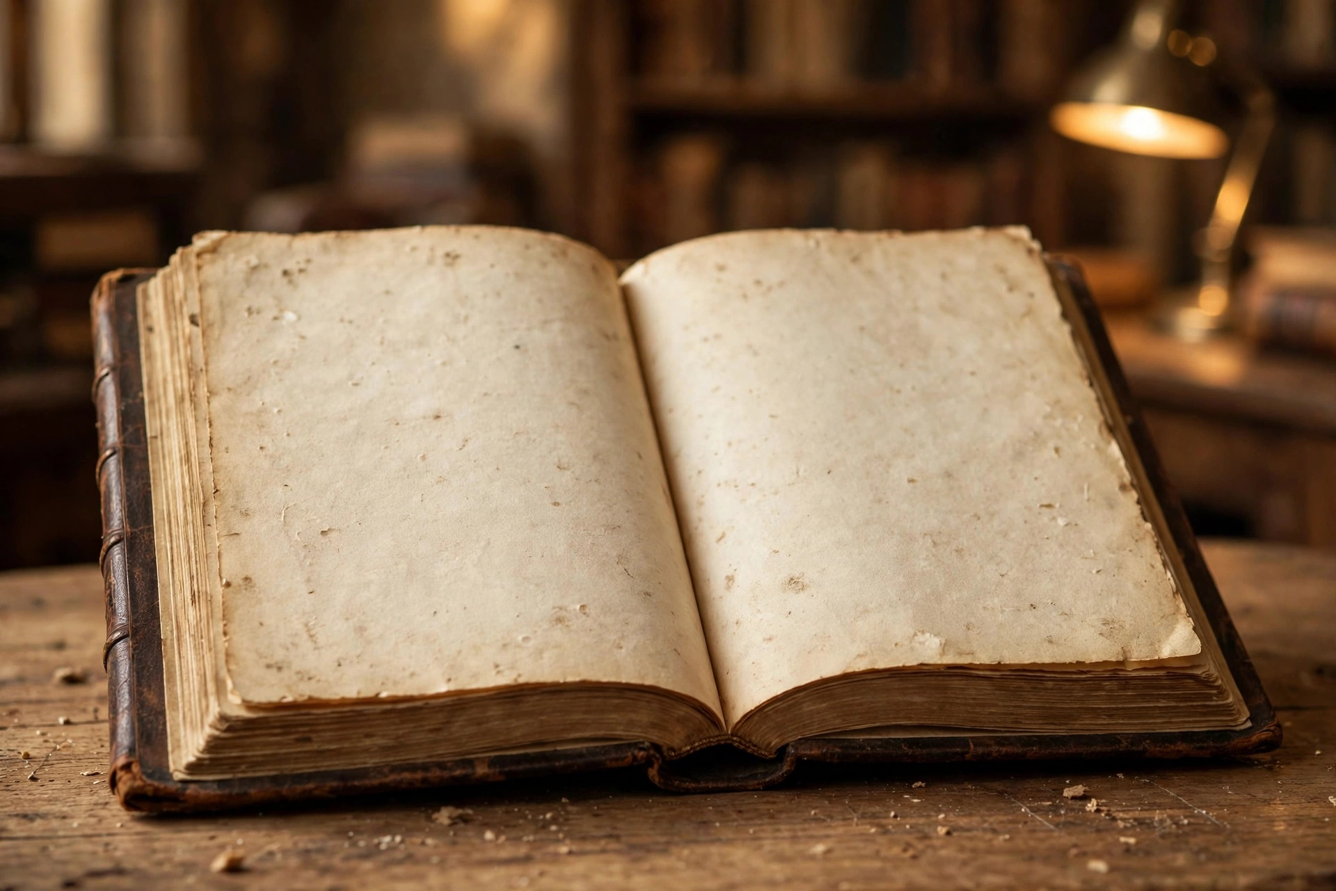 Open old book with blank aged parchment pages