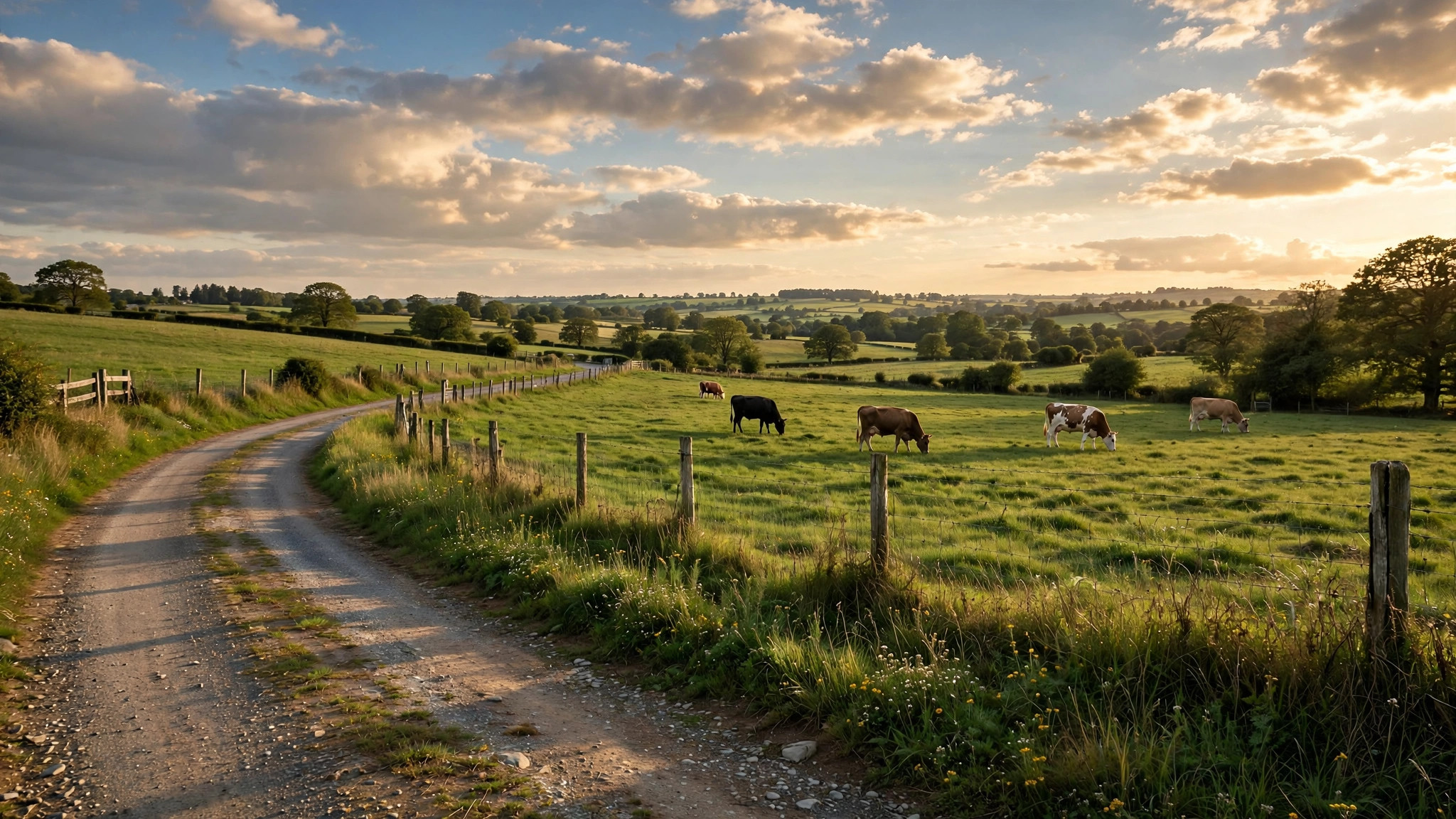 Quiet countryside road, cows grazing under a wide sky