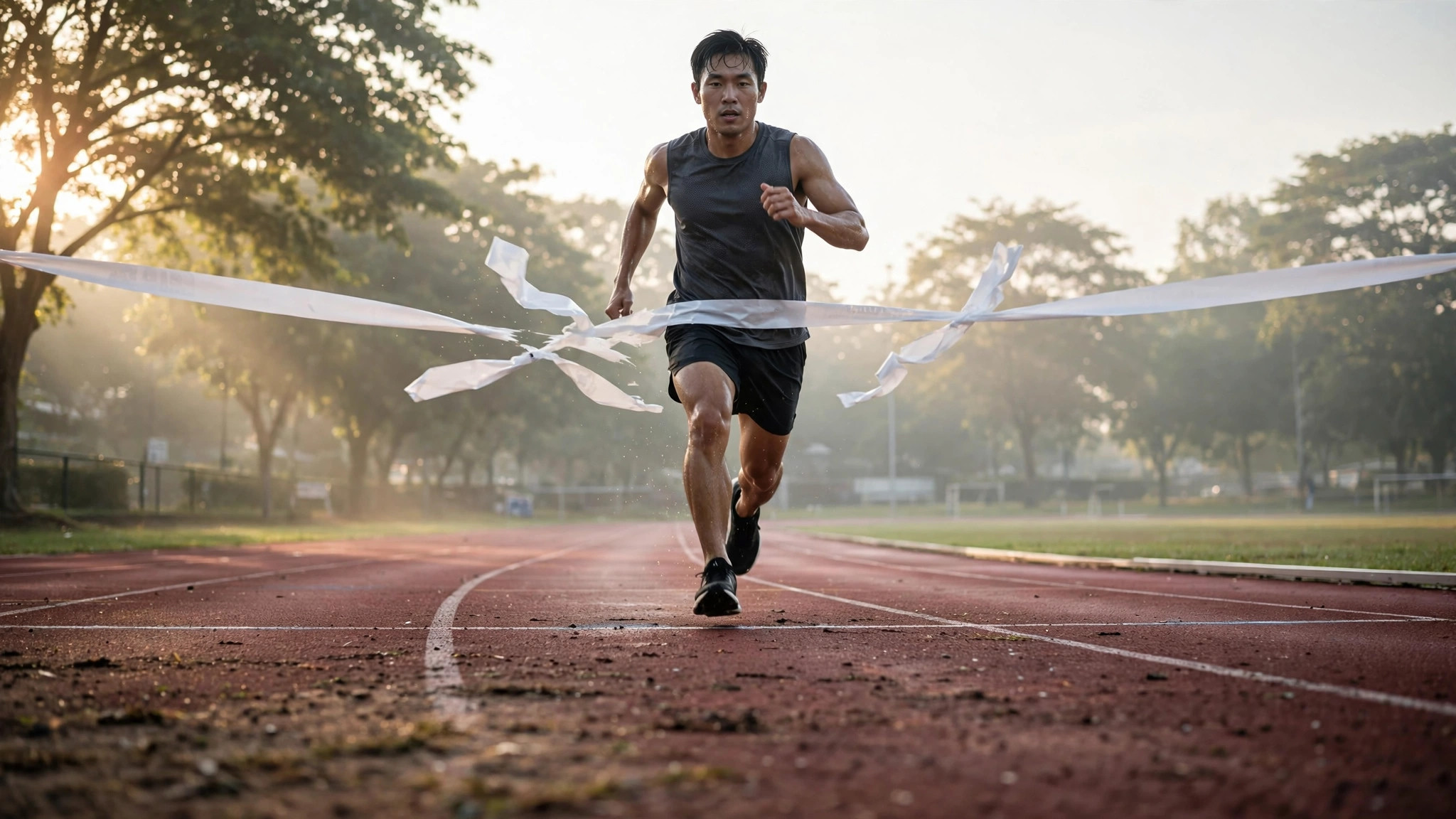 Runner crossing a finish-line tape, low angle, morning light