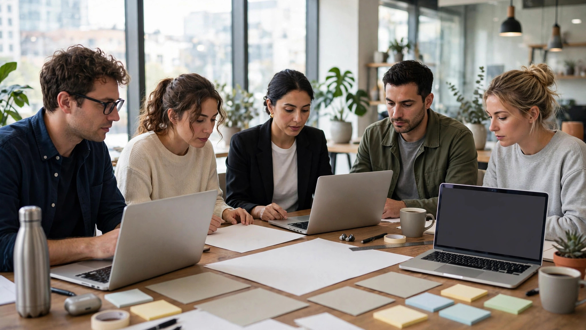Design team around a table with blank sketches and cards, laptops open
