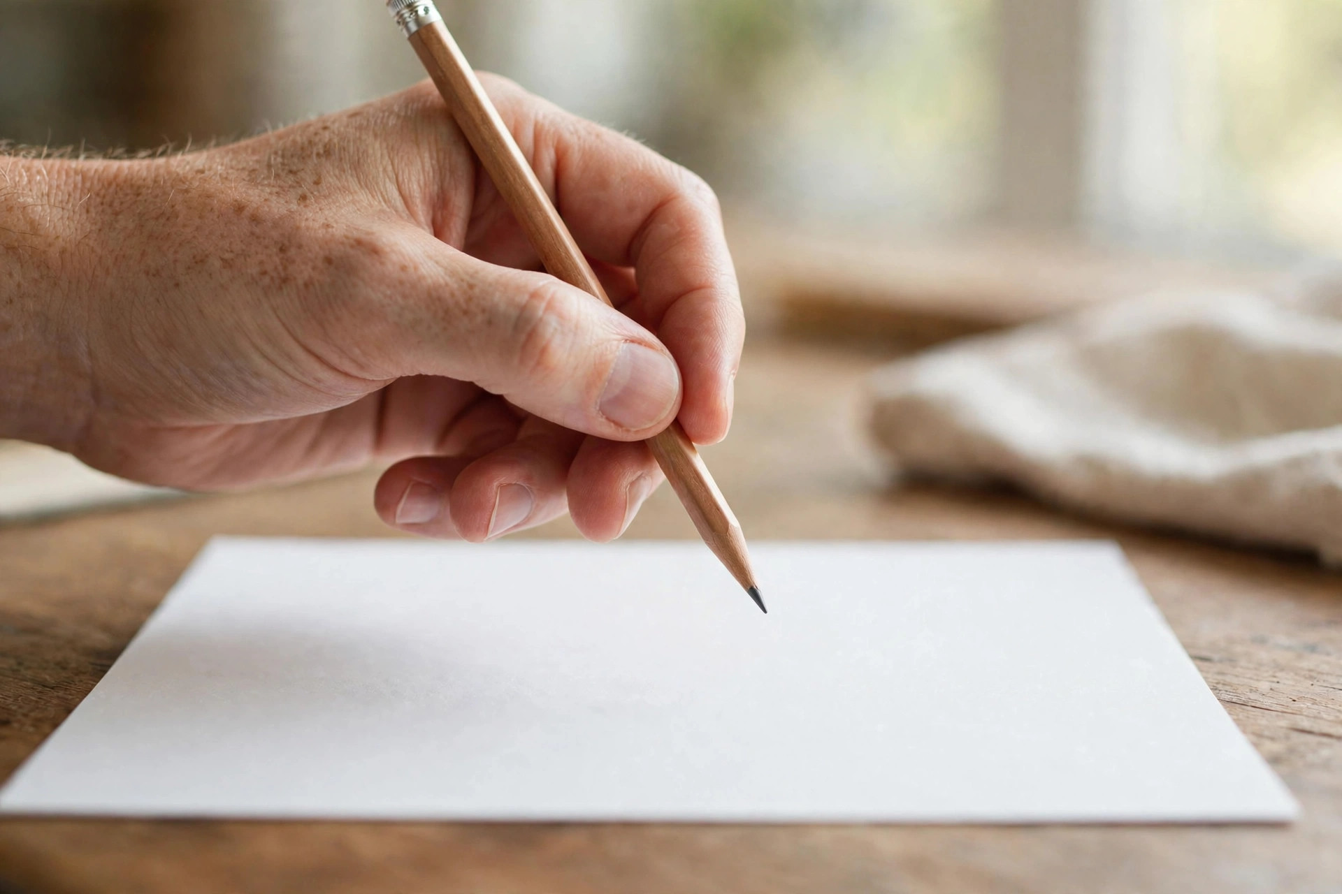 Hand holding a pencil over a blank sheet on a desk