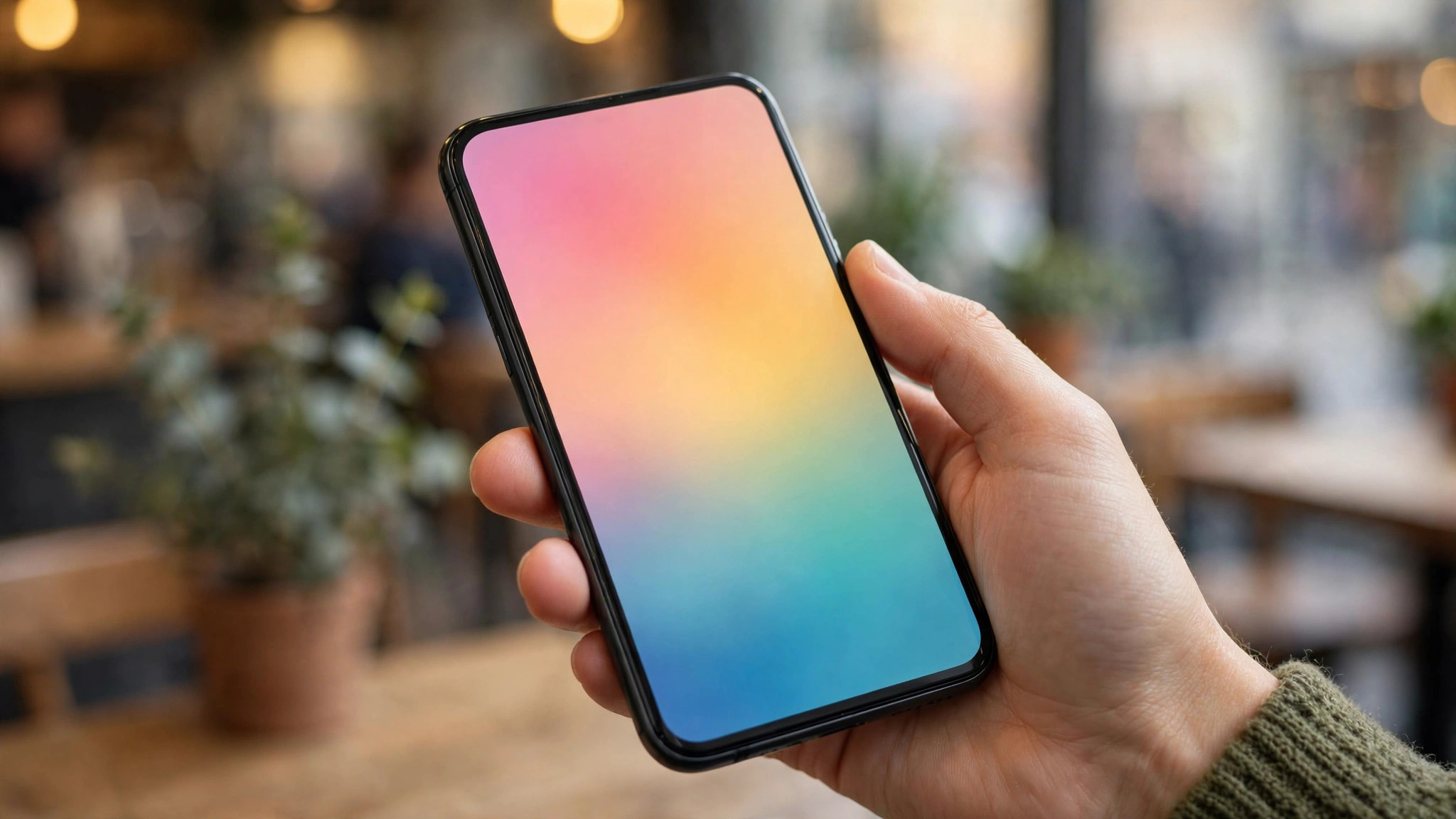 Smartphone with blank gradient screen in hand, blurred café