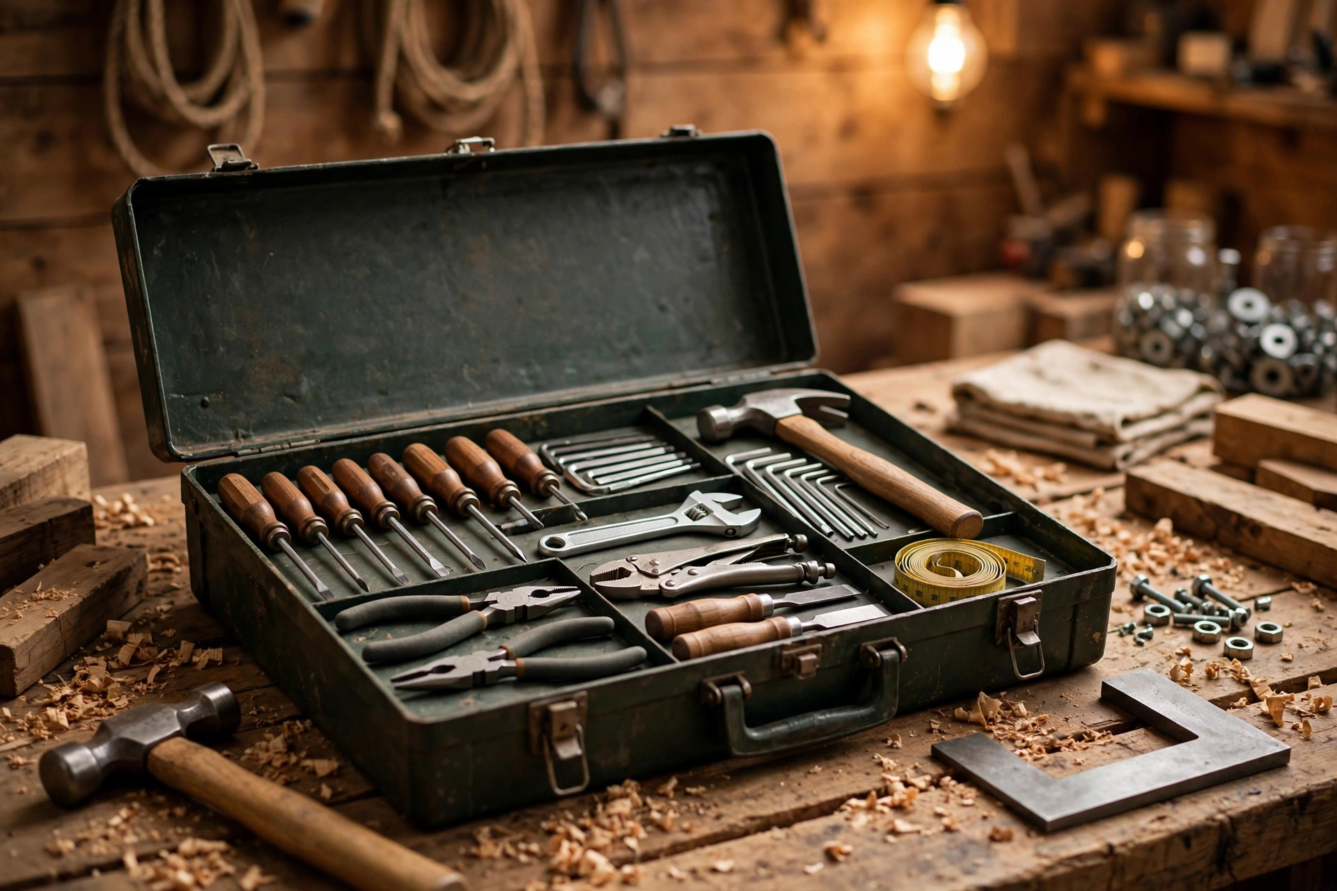 Toolbox with neatly arranged hand tools on a workbench
