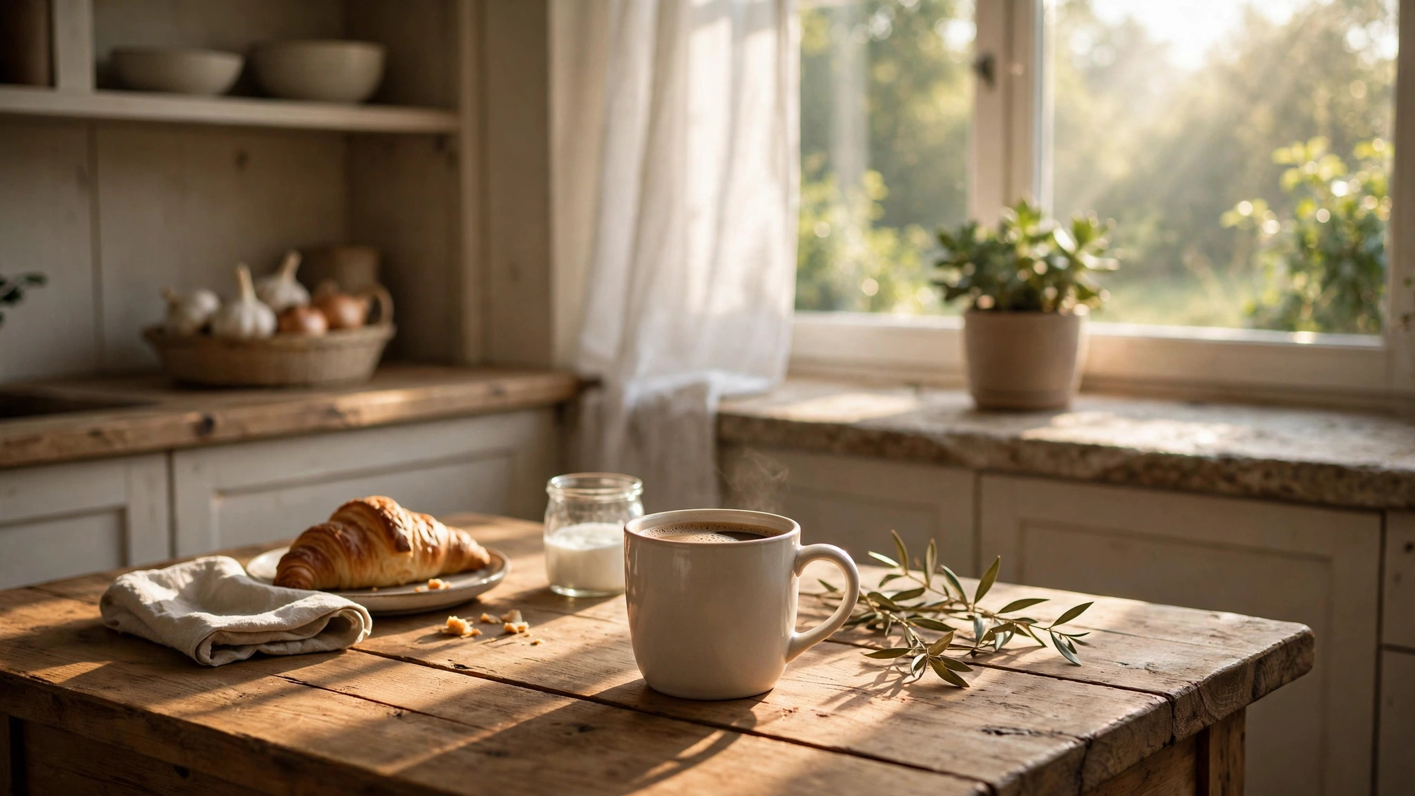 Morning kitchen, coffee mug on wooden table, sunlight