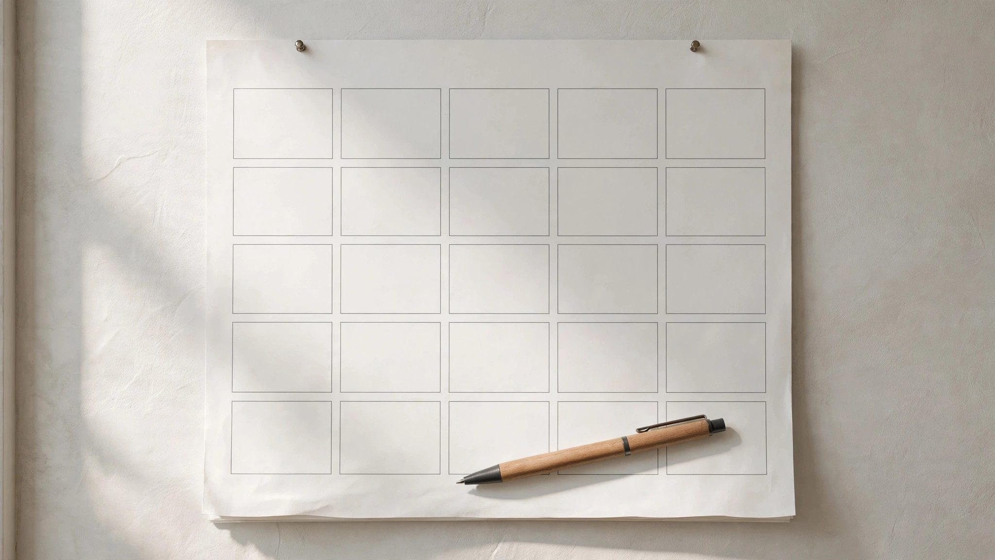 Blank wall calendar with empty squares and a pen