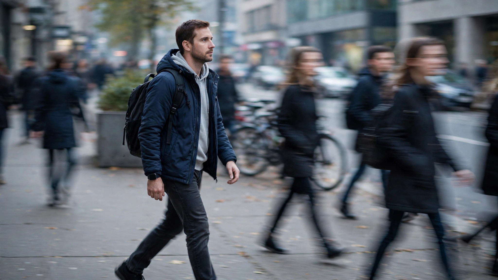 Commuter walking a city street, motion-blurred pedestrians