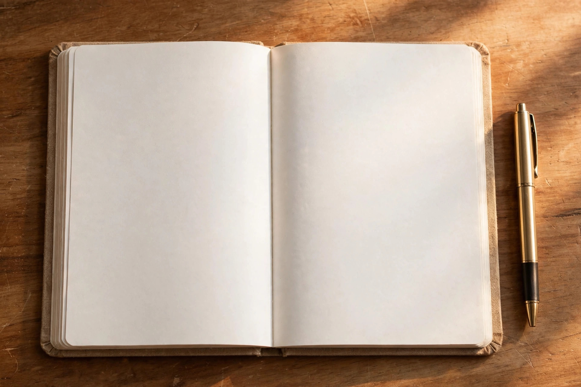 Open blank notebook with pen, top-down view