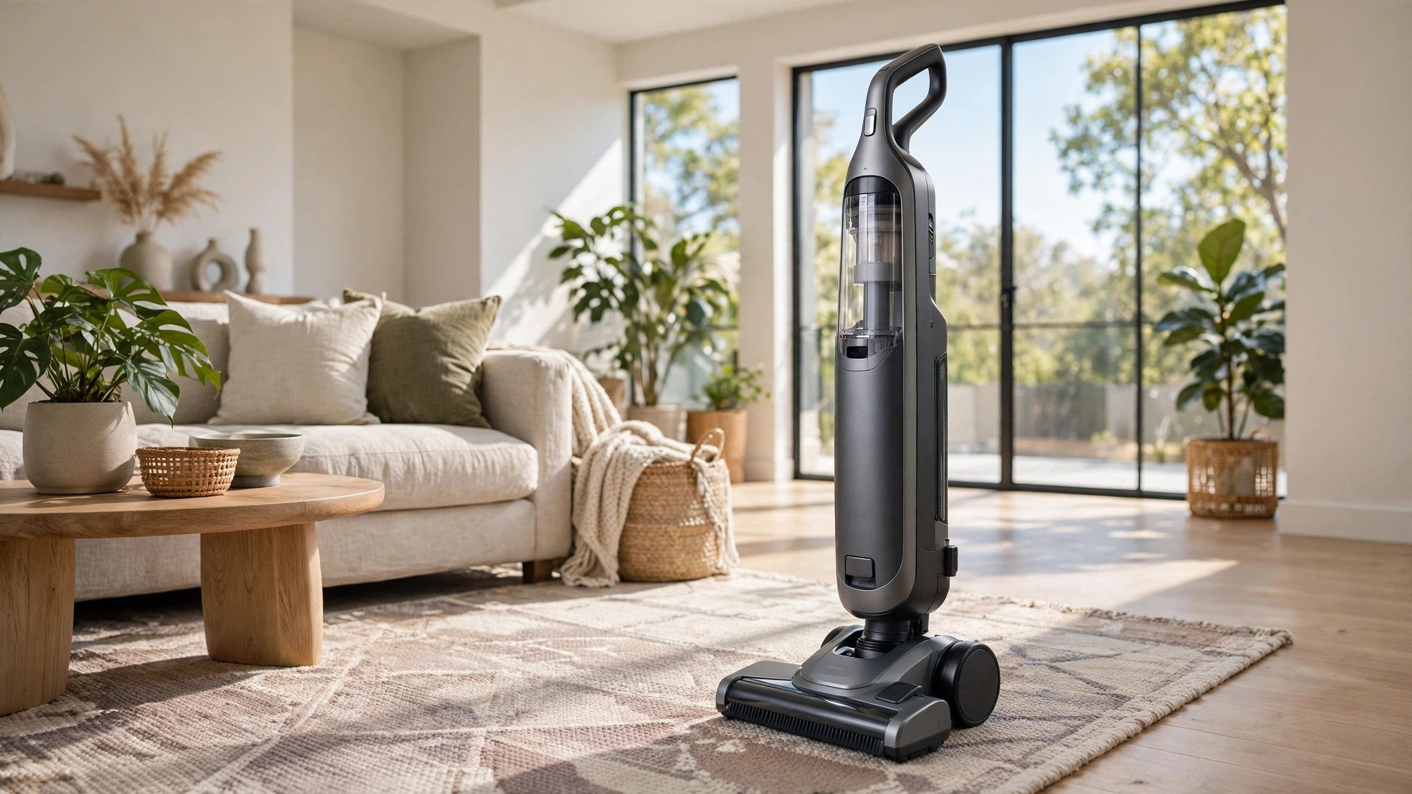 Modern upright vacuum cleaner in a bright living room