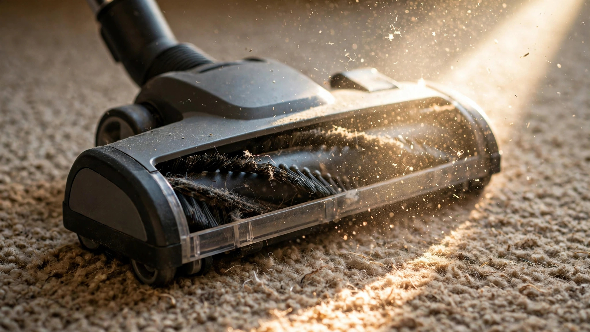 Vacuum cleaner head on carpet, dust in sunlight