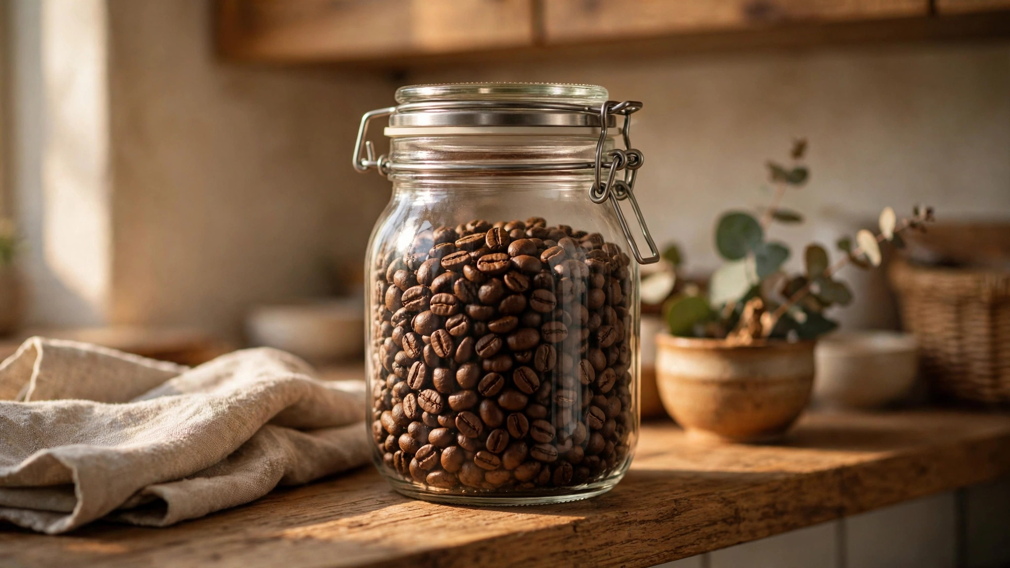 Sealed glass jar of coffee beans on a kitchen shelf