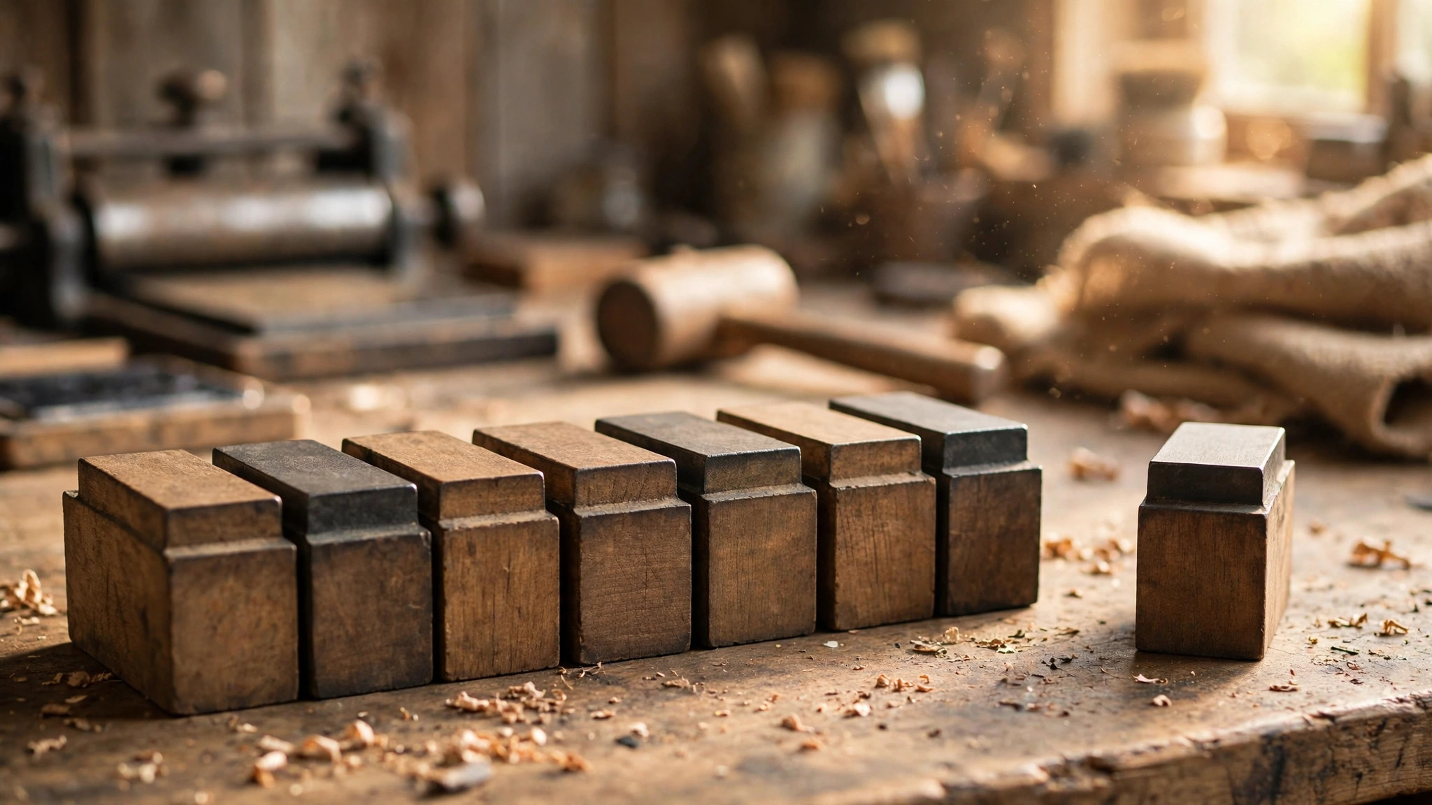 Vintage letterpress blocks with blank faces, one standing apart