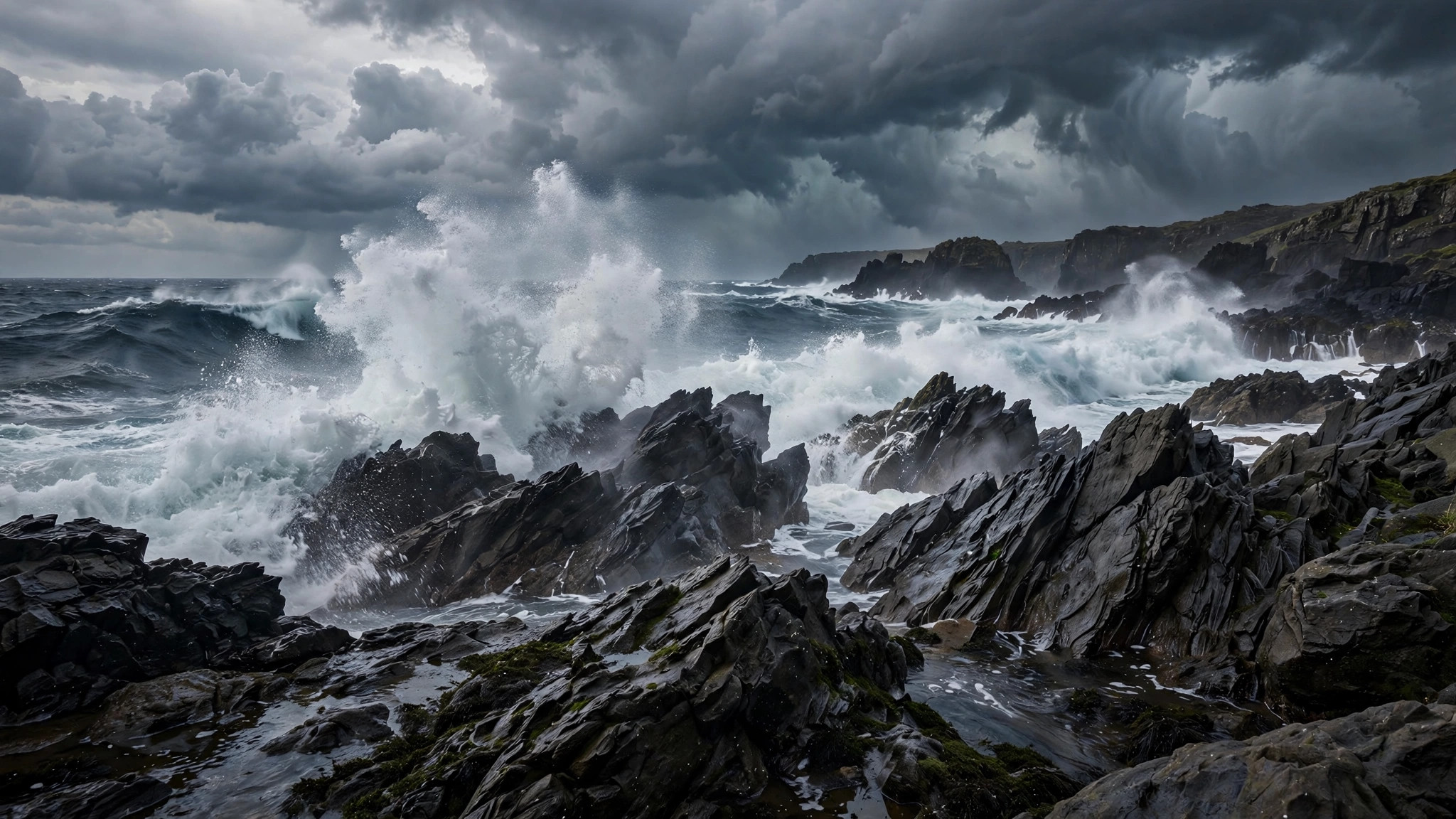 Stormy coastline, waves crashing on dark rocks