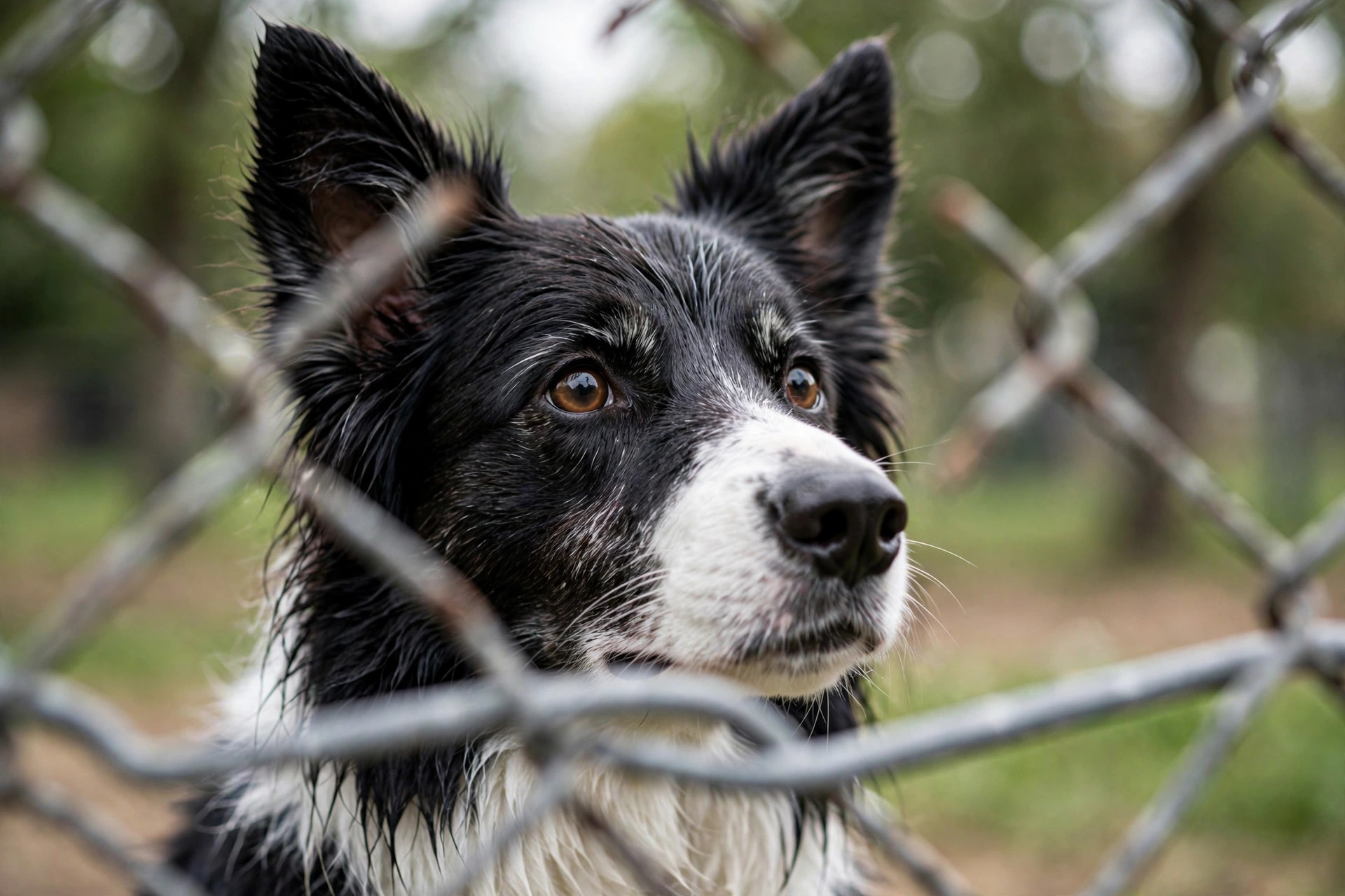 Alert dog behind a fence, shallow depth of field