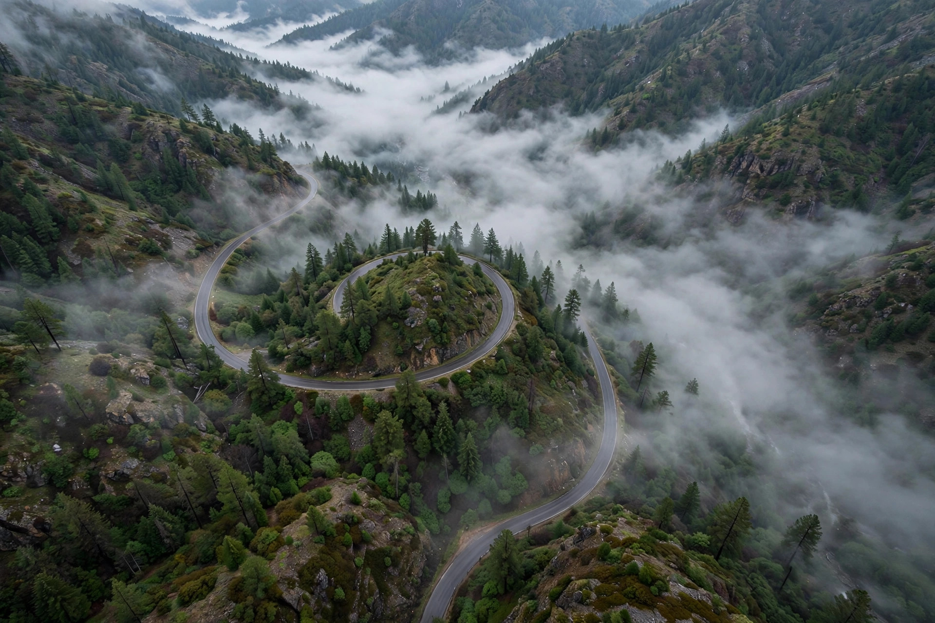 Winding mountain road forming a loop, seen from above, mist
