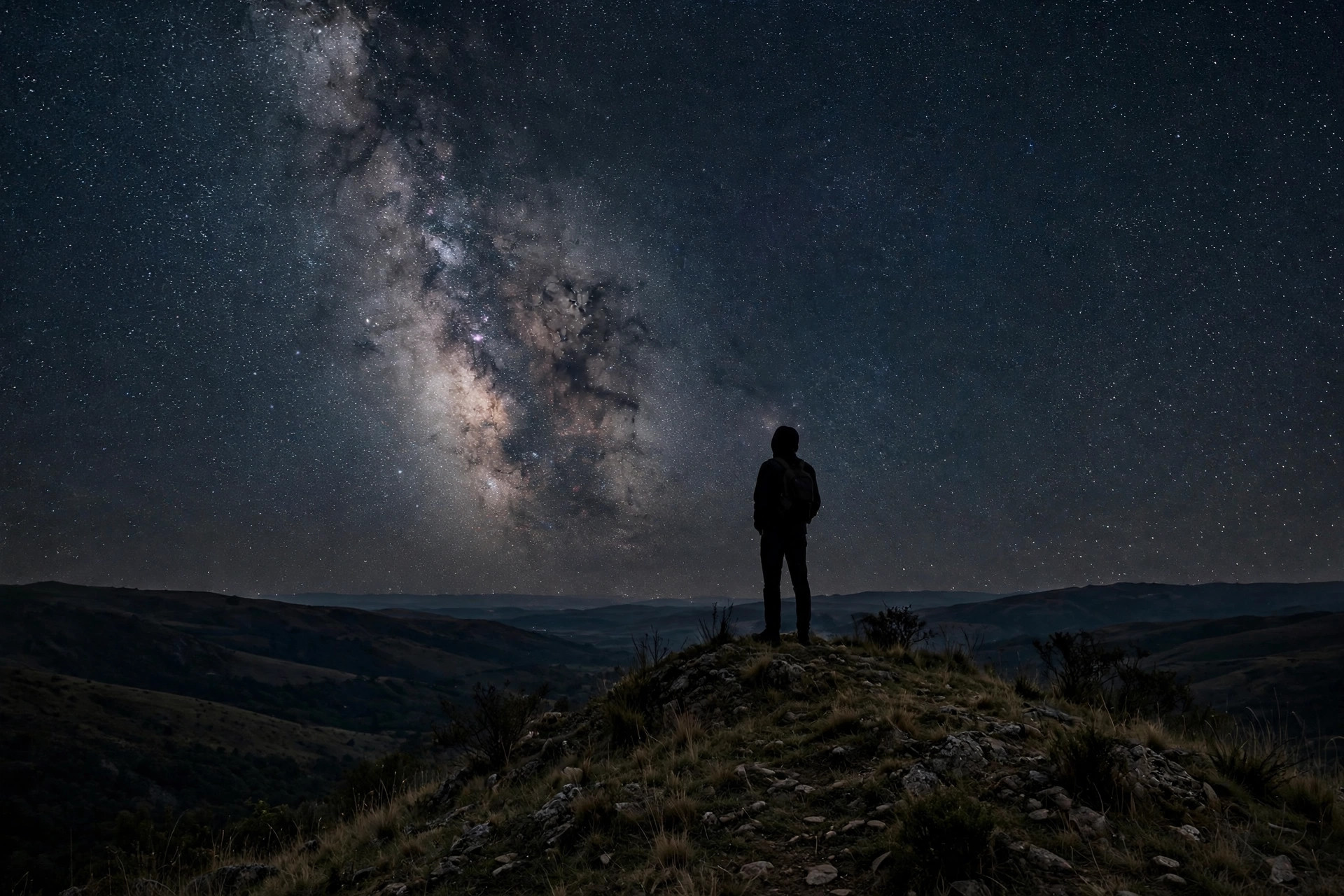 Person on a hilltop at night, silhouette against stars