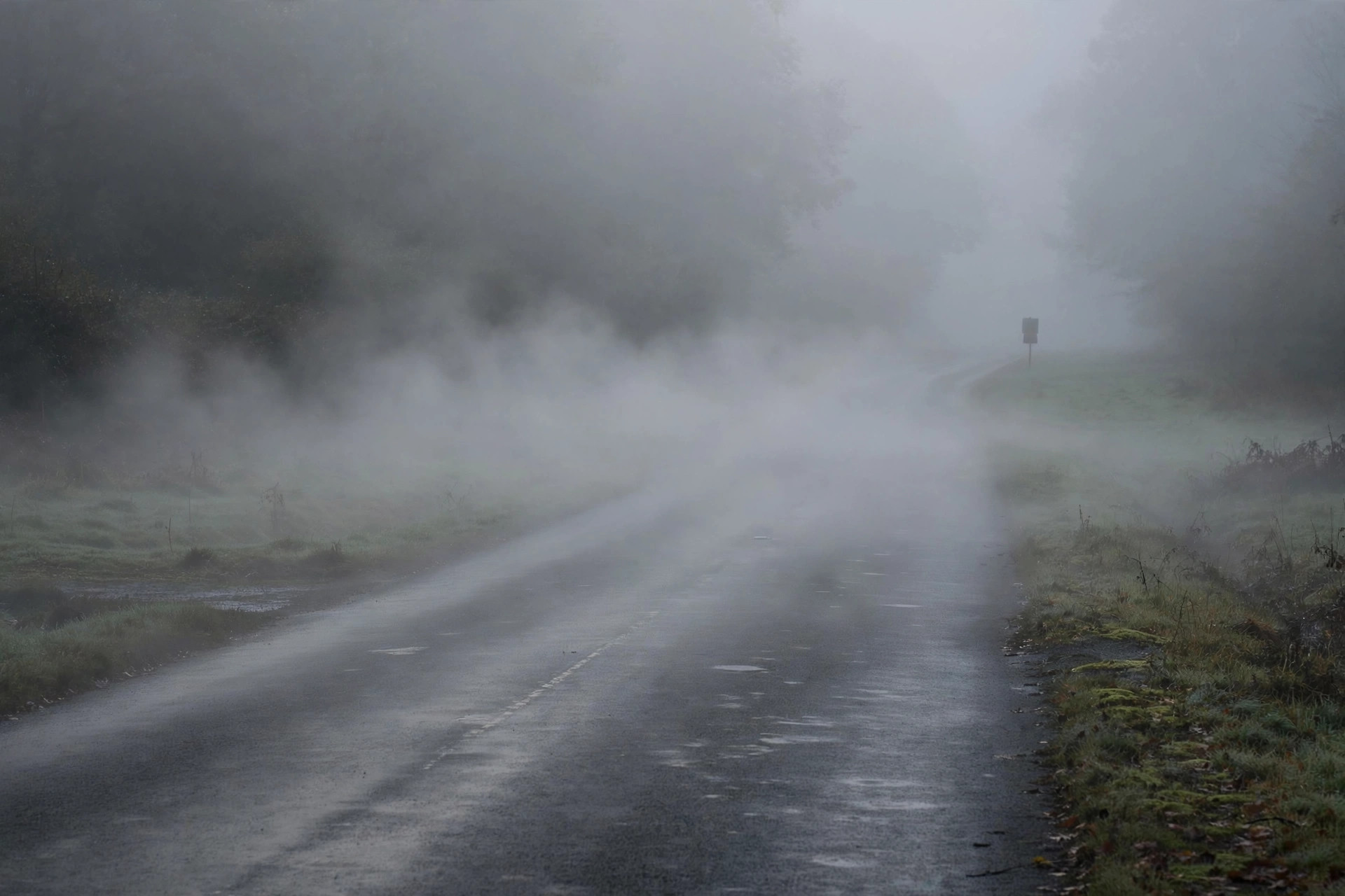 Fog over an empty road, blank signpost silhouette in mist