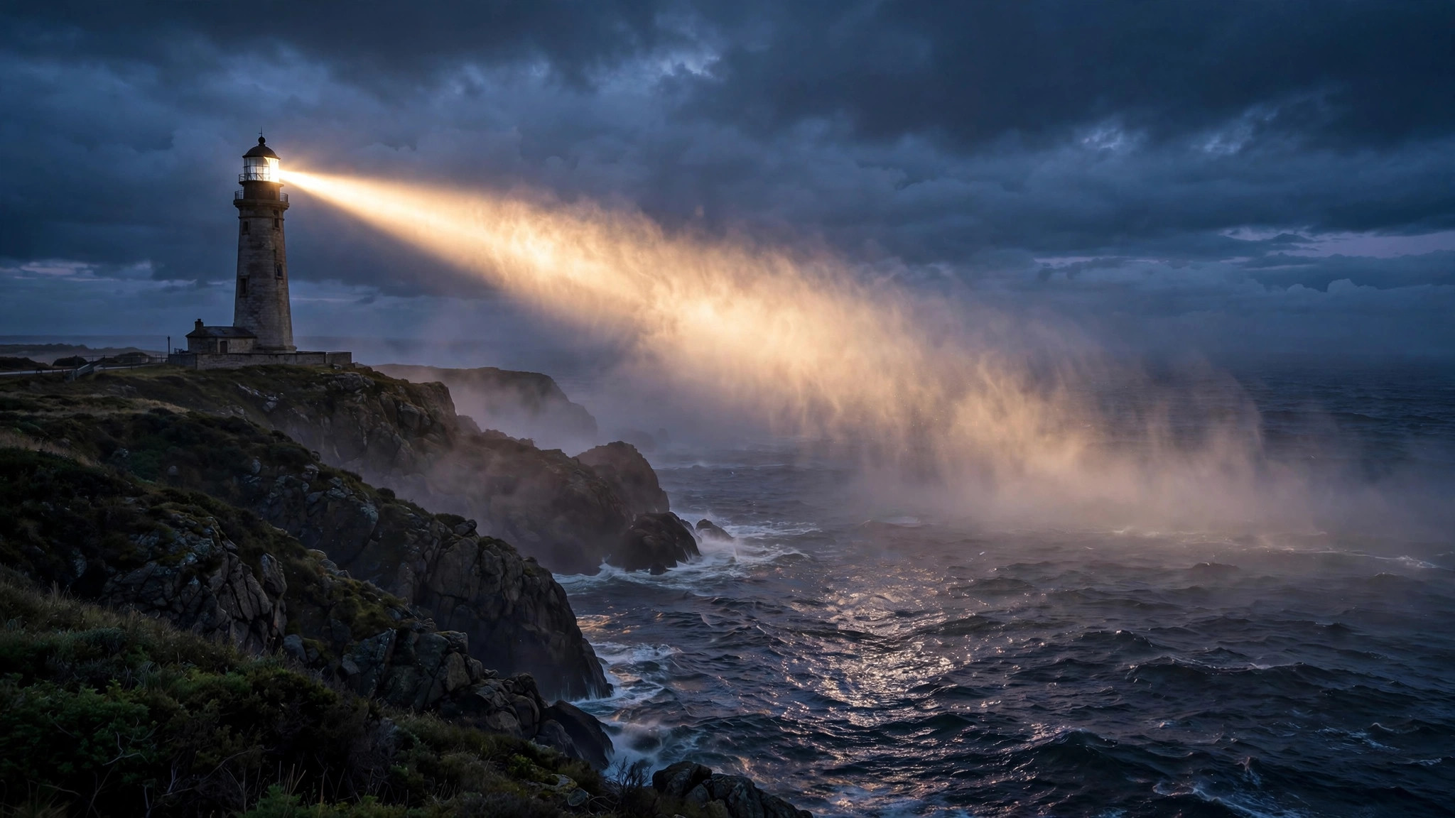 Lighthouse beam cutting through dusk over the sea