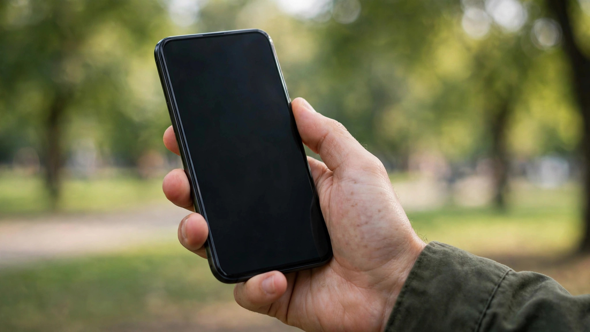 Smartphone with blank dark screen in hand, blurred park