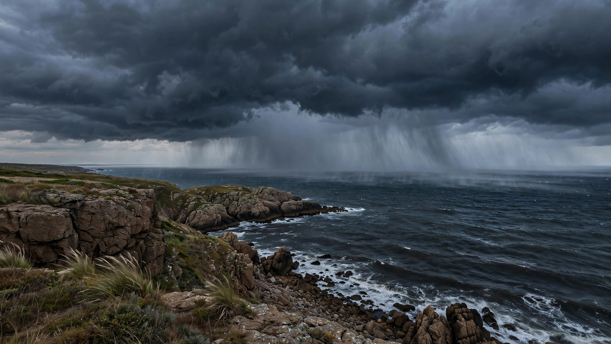 Dark storm clouds over a coastline, rain in the distance