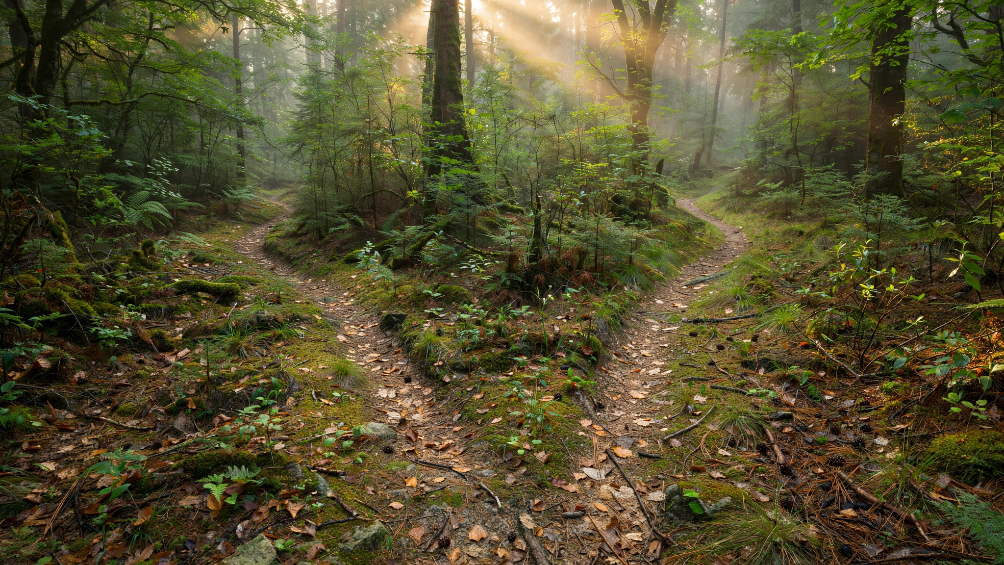 Fork in a forest path, two diverging trails, morning light
