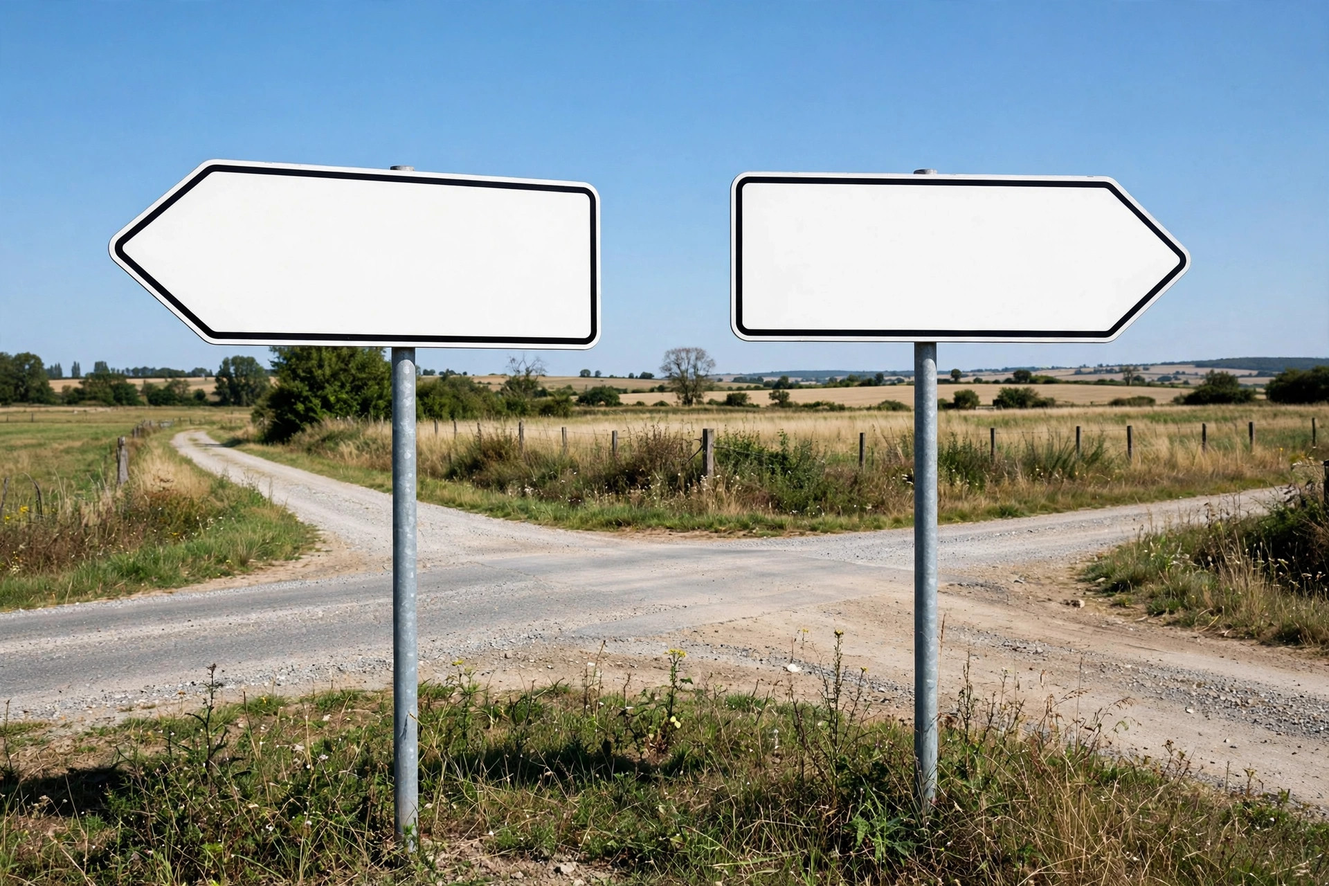 Two blank road signs at a rural crossroads, blue sky