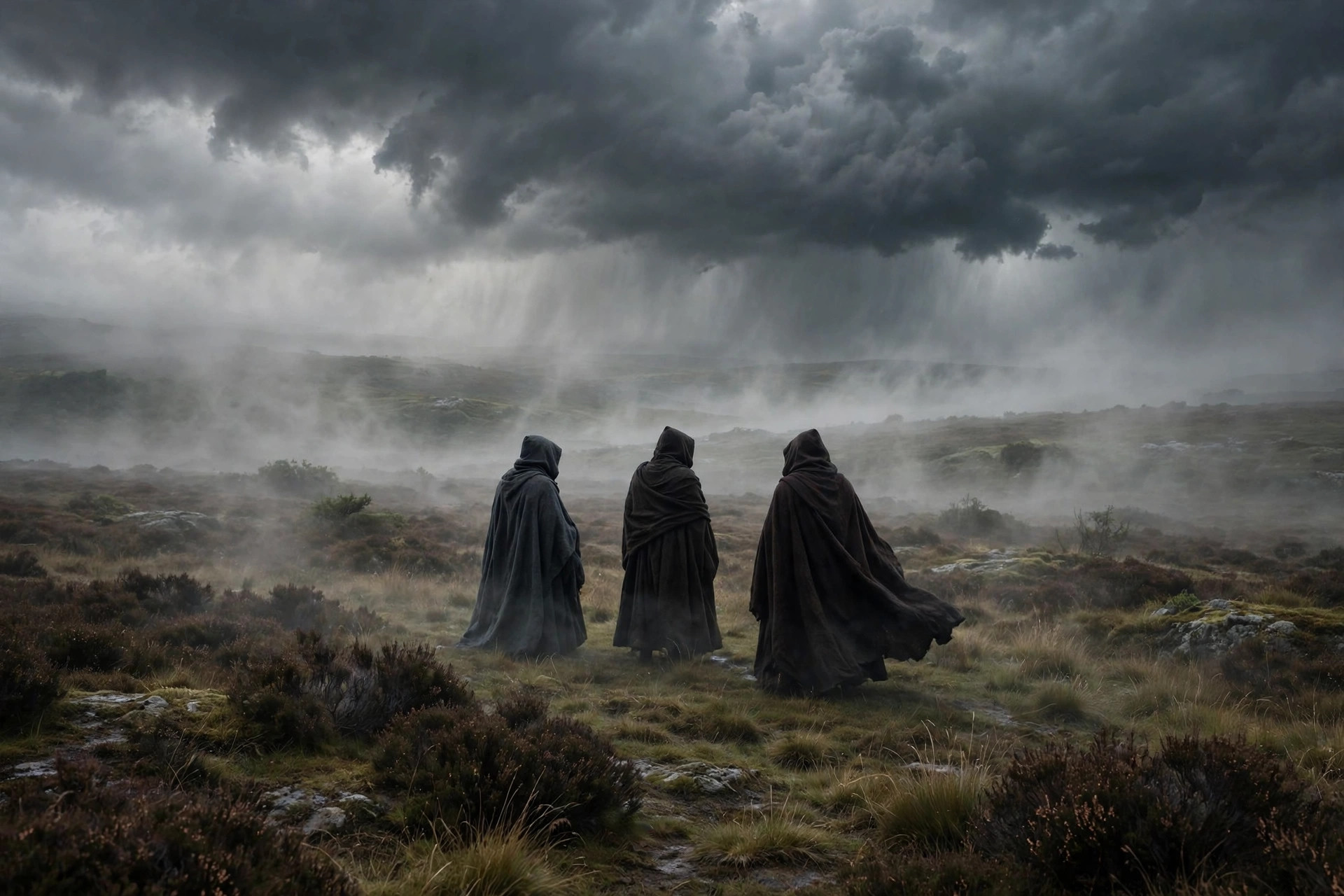 Three cloaked figures on a misty heath, stormy sky