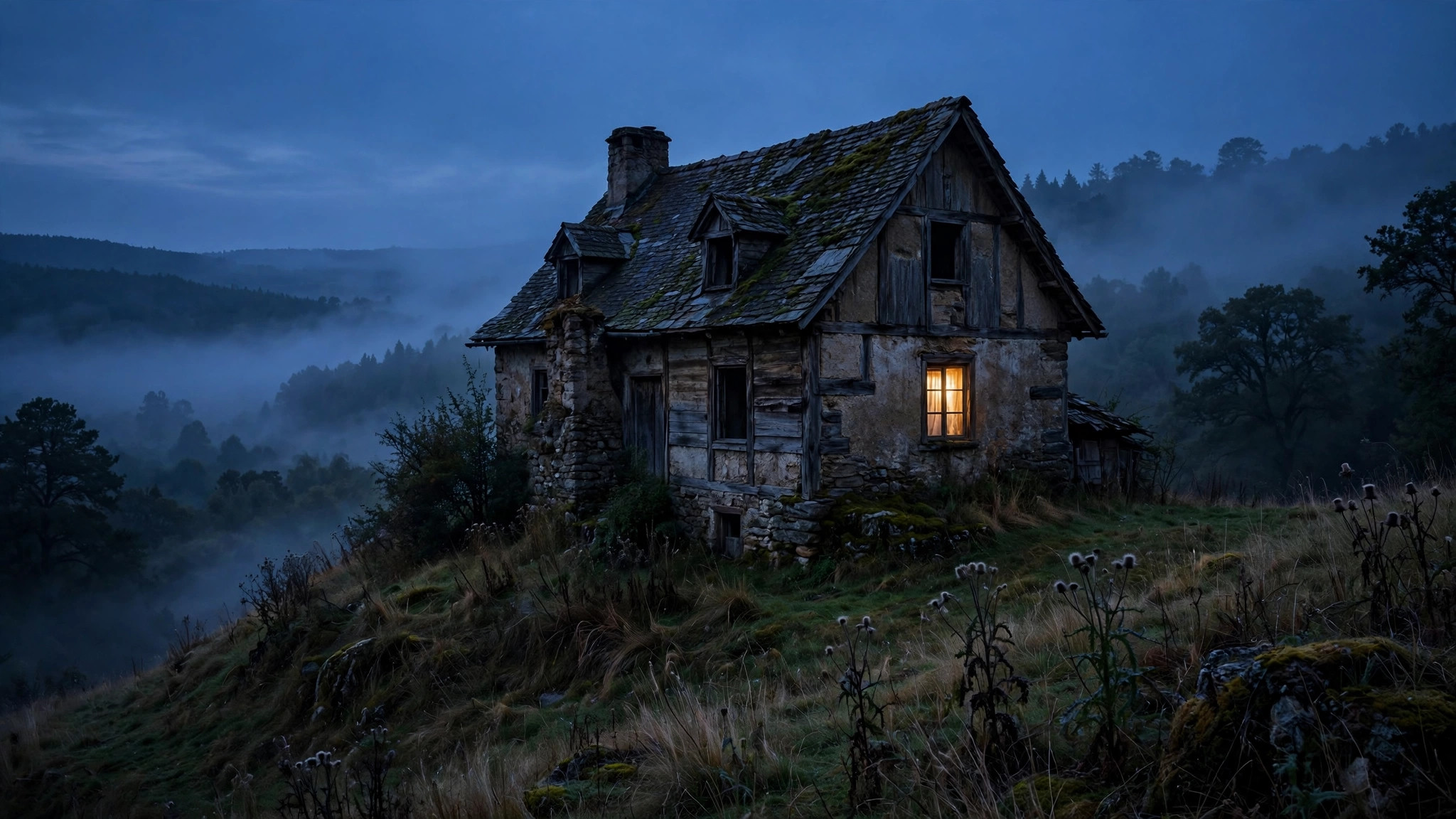 Old house on a hill at twilight, one lit window