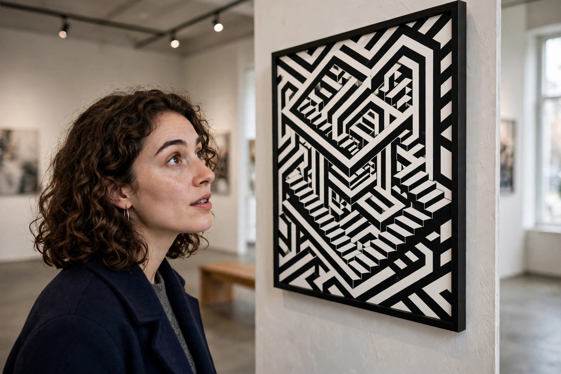 Person viewing strange optical-illusion art in a gallery