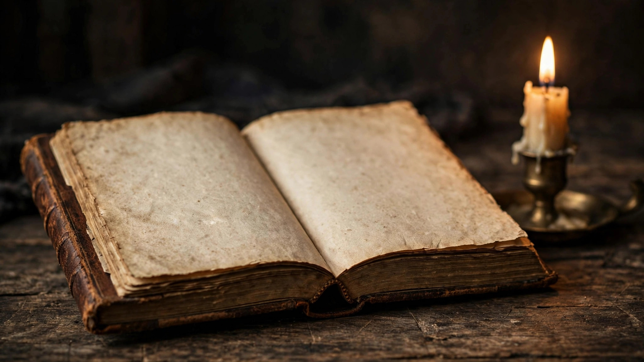 Open old book with blank aged pages and a candle