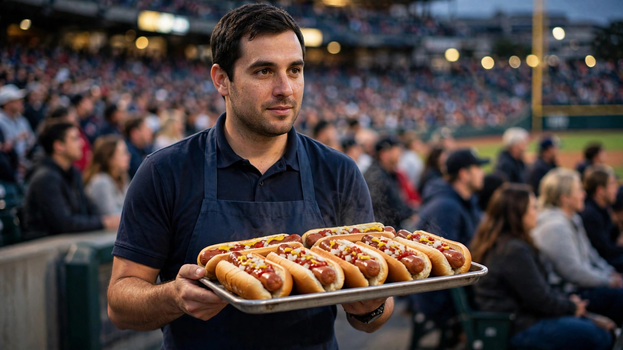 Ballpark vendor selling hot dogs at a stadium