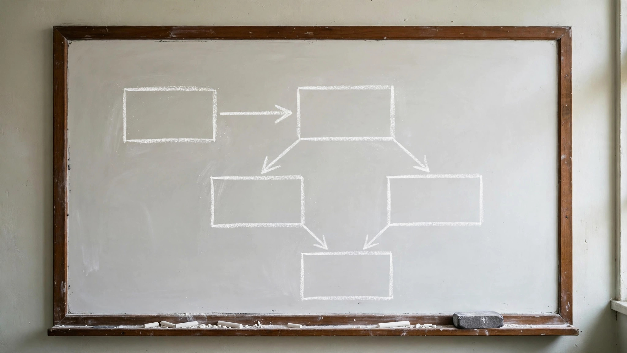 Whiteboard with blank flowchart boxes and arrows, chalk style