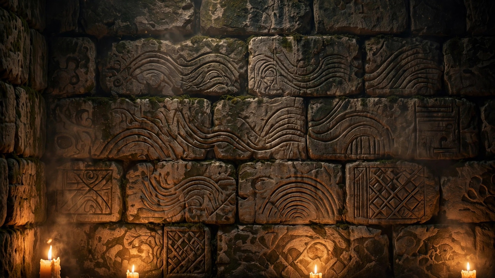 Ancient stone palace wall with abstract carvings, candlelight