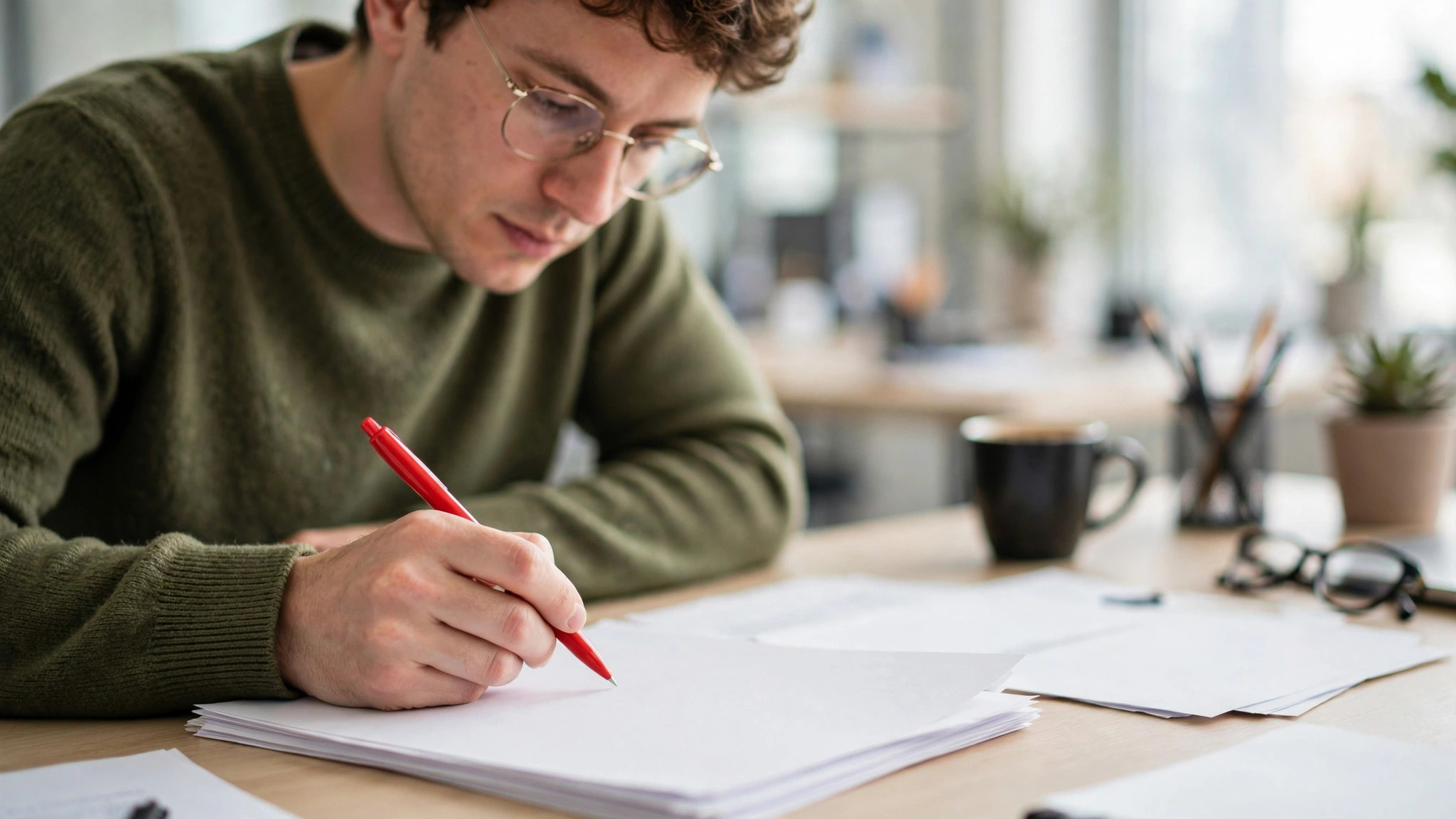 Person reviewing blank pages with a red pen at a bright desk